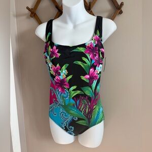 NWT Longitude Tropical Floral Paisley Long Torso One Piece Swimsuit - Size 10